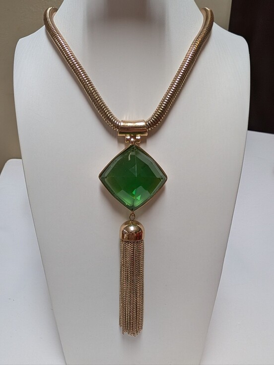 Anne Klein Jewelry - Anne Klein Vintage Gold-Tone Necklace with Green Pendant and Tassel